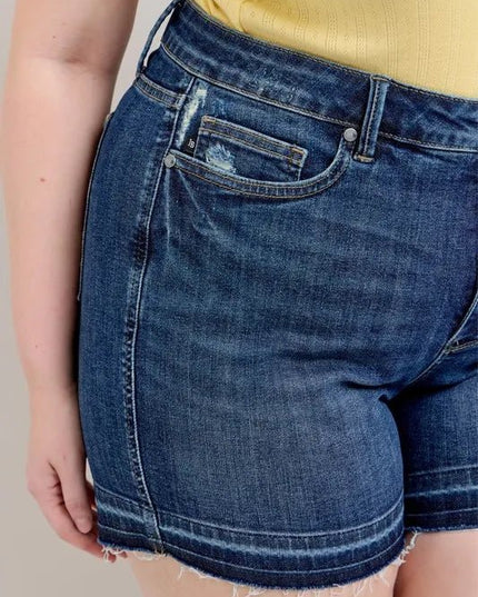 Judy Blue Plus Size HW Tummy Control Destroy Release Hem Denim Shorts - THE AMERICAN BLUE