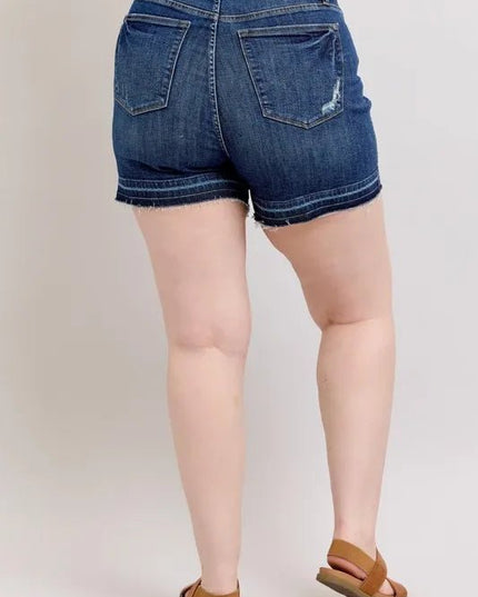 Judy Blue Plus Size HW Tummy Control Destroy Release Hem Denim Shorts - THE AMERICAN BLUE