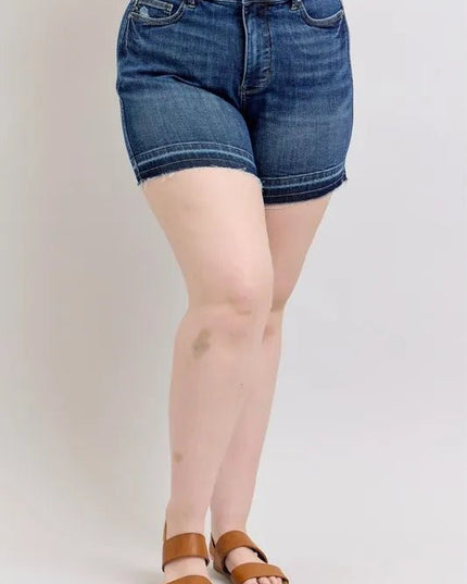 Judy Blue Plus Size HW Tummy Control Destroy Release Hem Denim Shorts - THE AMERICAN BLUE