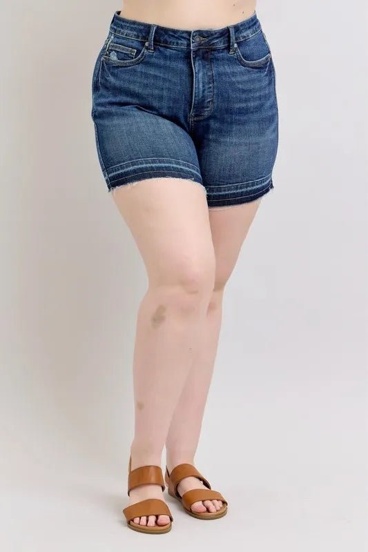 Judy Blue Plus Size HW Tummy Control Destroy Release Hem Denim Shorts - THE AMERICAN BLUE
