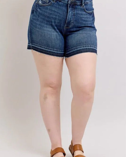 Judy Blue Plus Size HW Tummy Control Destroy Release Hem Denim Shorts - THE AMERICAN BLUE