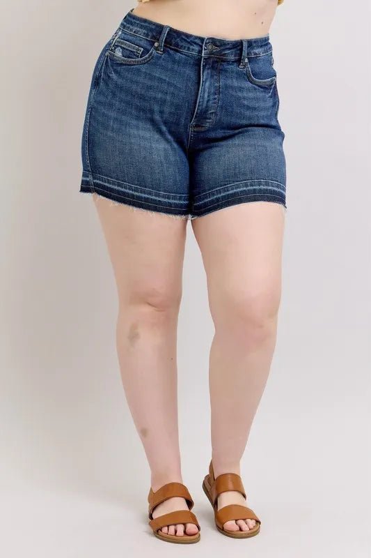 Judy Blue Plus Size HW Tummy Control Destroy Release Hem Denim Shorts - THE AMERICAN BLUE