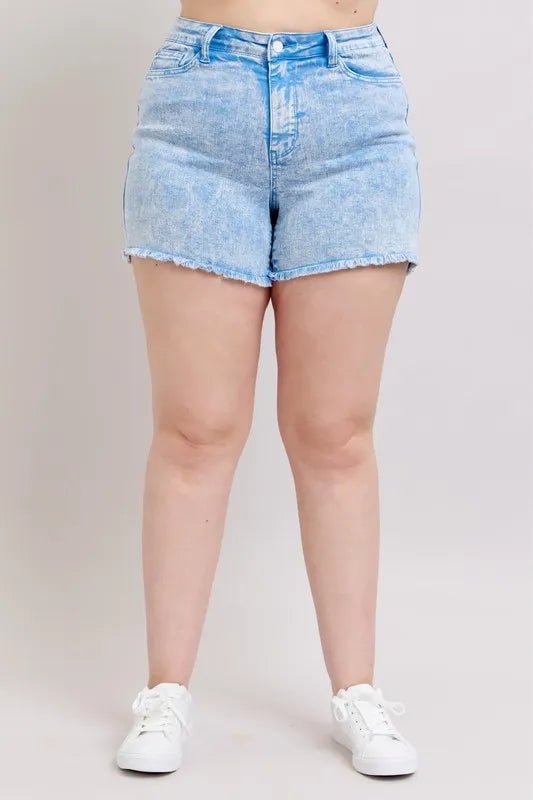 Judy Blue Plus Size Mid Rise Garment Dyed Denim Shorts - THE AMERICAN BLUE