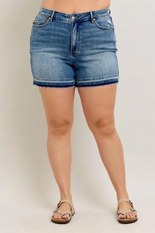 Judy Blue Plus Size Mr Tummy Control Vintage Wash Release Hem Shorts - THE AMERICAN BLUE