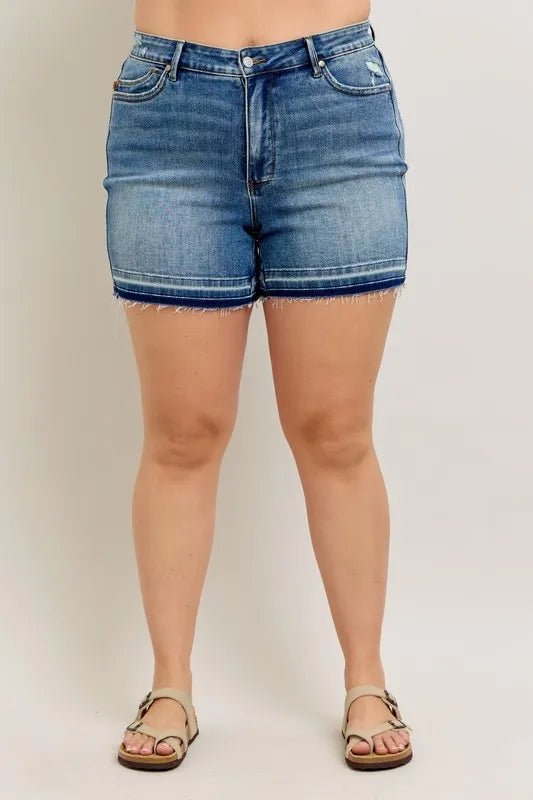 Judy Blue Plus Size Mr Tummy Control Vintage Wash Release Hem Shorts - THE AMERICAN BLUE