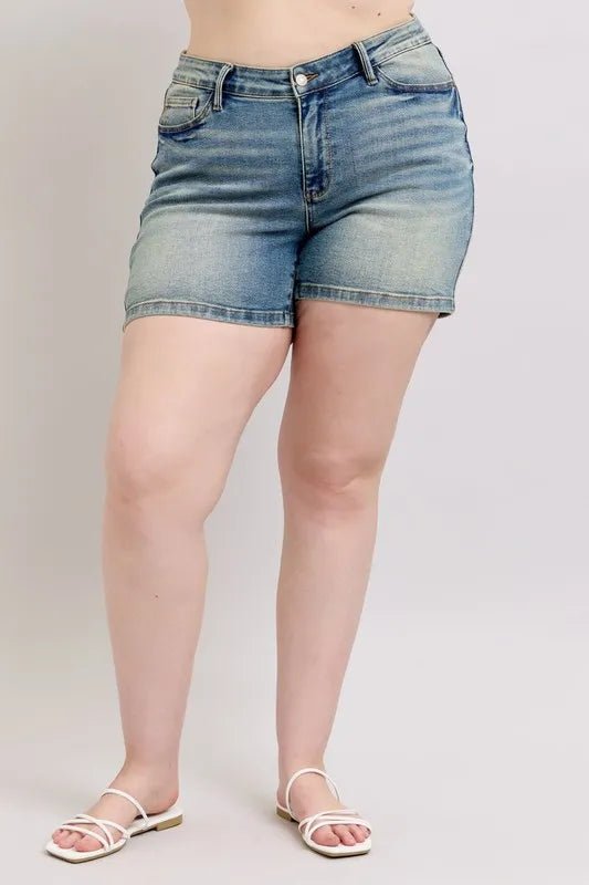 Judy Blue Plus Size V - Front Vintage Wash Shorts - THE AMERICAN BLUE
