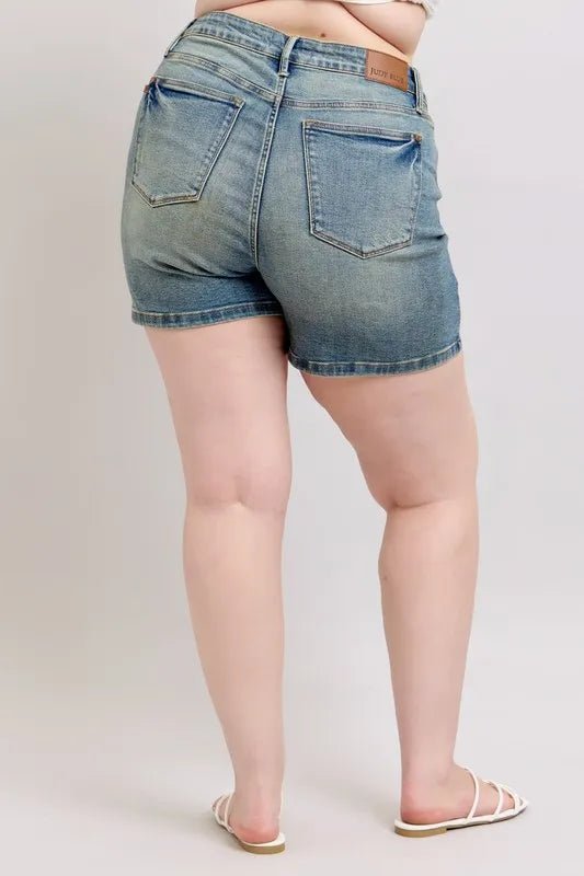 Judy Blue Plus Size V - Front Vintage Wash Shorts - THE AMERICAN BLUE