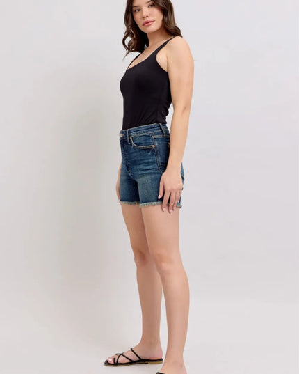 Judy Blue Tummy Control Fray Hem & Shield Back Pockets Denim Shorts - THE AMERICAN BLUE