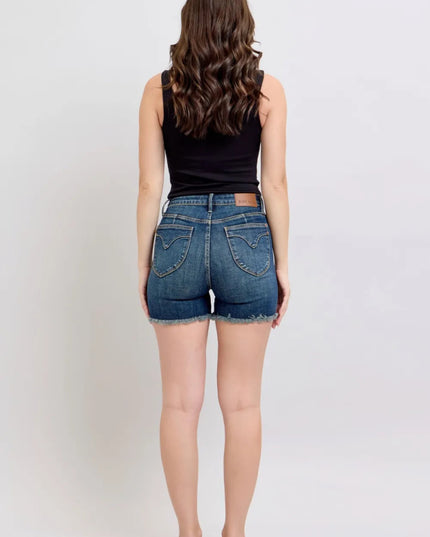 Judy Blue Tummy Control Fray Hem & Shield Back Pockets Denim Shorts - THE AMERICAN BLUE