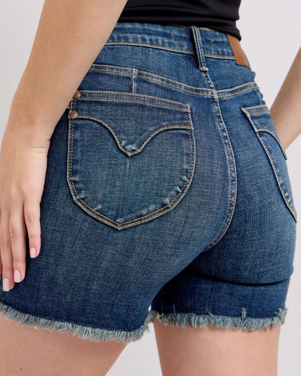 Judy Blue Tummy Control Fray Hem & Shield Back Pockets Denim Shorts - THE AMERICAN BLUE