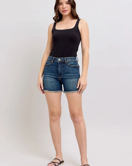 Judy Blue Tummy Control Fray Hem & Shield Back Pockets Denim Shorts - THE AMERICAN BLUE