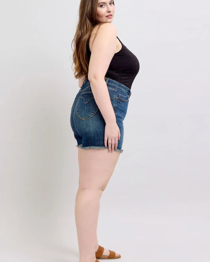 Judy Blue Tummy Control Fray Hem & Shield Back Pockets Denim Shorts - THE AMERICAN BLUE