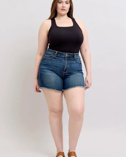 Judy Blue Tummy Control Fray Hem & Shield Back Pockets Denim Shorts - THE AMERICAN BLUE