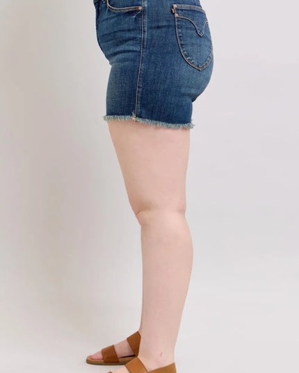Judy Blue Tummy Control Fray Hem & Shield Back Pockets Denim Shorts - THE AMERICAN BLUE