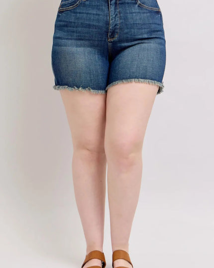 Judy Blue Tummy Control Fray Hem & Shield Back Pockets Denim Shorts - THE AMERICAN BLUE