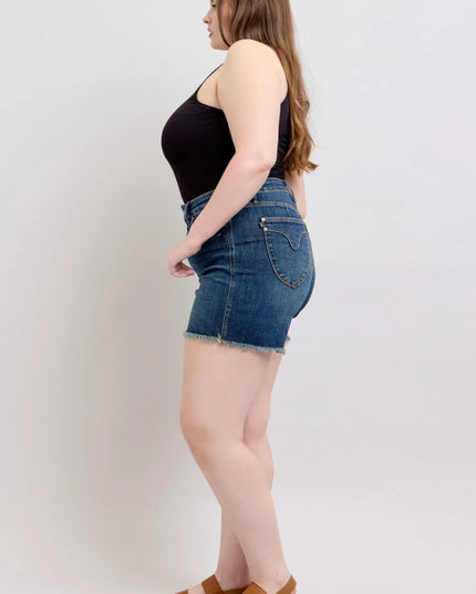 Judy Blue Tummy Control Fray Hem & Shield Back Pockets Denim Shorts - THE AMERICAN BLUE