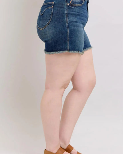 Judy Blue Tummy Control Fray Hem & Shield Back Pockets Denim Shorts - THE AMERICAN BLUE