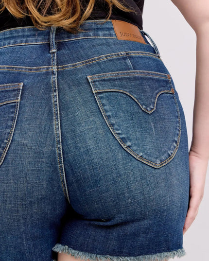 Judy Blue Tummy Control Fray Hem & Shield Back Pockets Denim Shorts - THE AMERICAN BLUE