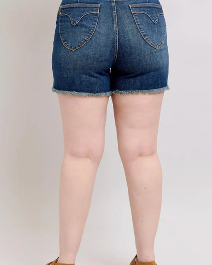 Judy Blue Tummy Control Fray Hem & Shield Back Pockets Denim Shorts - THE AMERICAN BLUE