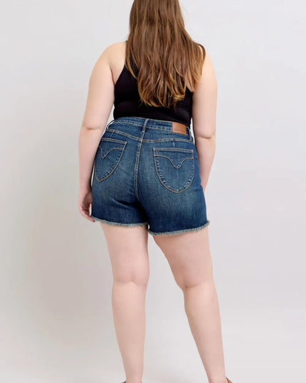 Judy Blue Tummy Control Fray Hem & Shield Back Pockets Denim Shorts - THE AMERICAN BLUE