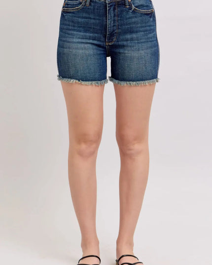 Judy Blue Tummy Control Fray Hem & Shield Back Pockets Denim Shorts - THE AMERICAN BLUE