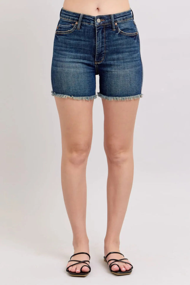 Judy Blue Tummy Control Fray Hem & Shield Back Pockets Denim Shorts - THE AMERICAN BLUE