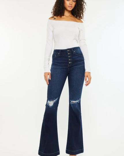 Kancan Button Fly High Rise Distressed Flare Jeans - THE AMERICAN BLUE