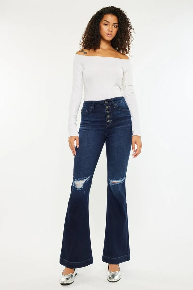 Kancan Button Fly High Rise Distressed Flare Jeans - THE AMERICAN BLUE