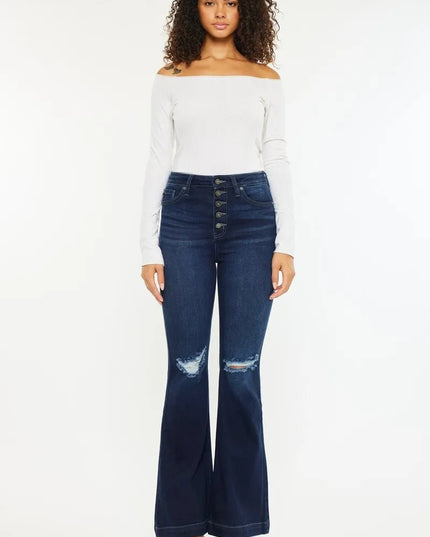 Kancan Button Fly High Rise Distressed Flare Jeans - THE AMERICAN BLUE