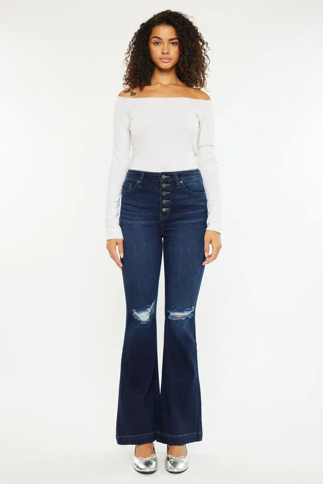 Kancan Button Fly High Rise Distressed Flare Jeans - THE AMERICAN BLUE