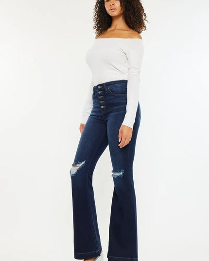 Kancan Button Fly High Rise Distressed Flare Jeans - THE AMERICAN BLUE