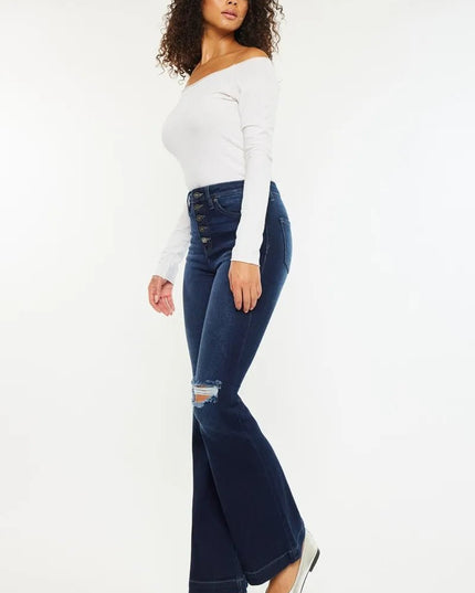 Kancan Button Fly High Rise Distressed Flare Jeans - THE AMERICAN BLUE