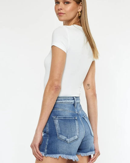 Kancan Button Fly High Rise Raw Hem Denim Shorts - THE AMERICAN BLUE