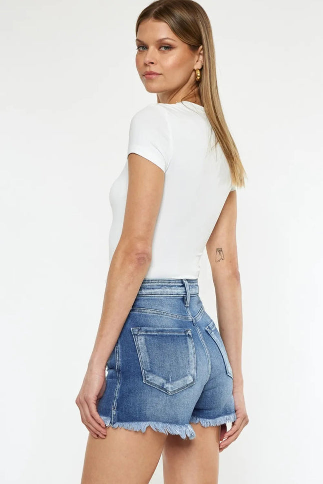 Kancan Button Fly High Rise Raw Hem Denim Shorts - THE AMERICAN BLUE