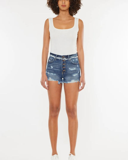 Kancan Distressed Button Fly Denim Shorts - THE AMERICAN BLUE