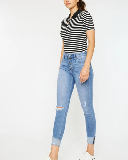 Kancan Distressed Cat's Whiskers Button Fly Jeans - THE AMERICAN BLUE