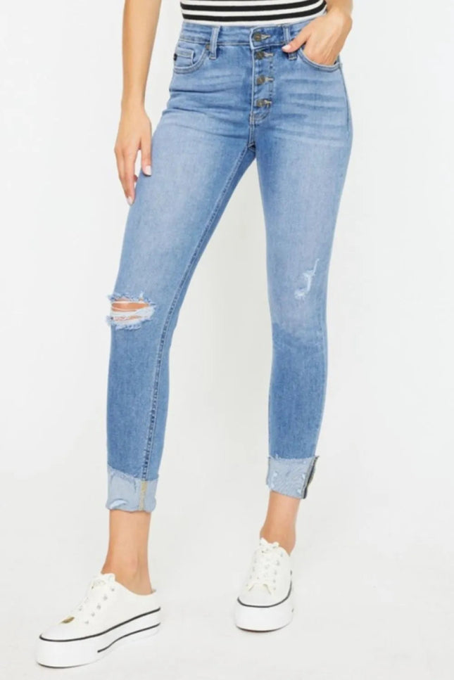Kancan Distressed Cat's Whiskers Button Fly Jeans - THE AMERICAN BLUE