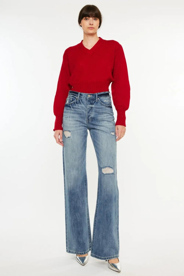 Kancan Distressed High Waist Bootcut Jeans - THE AMERICAN BLUE