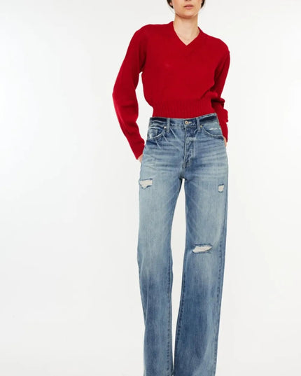 Kancan Distressed High Waist Bootcut Jeans - THE AMERICAN BLUE