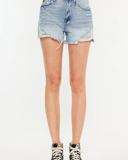 Kancan Distressed High Waist Denim Shorts with Pockets - THE AMERICAN BLUE