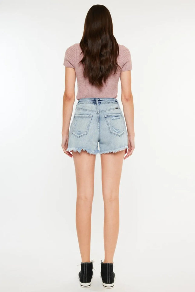 Kancan Distressed High Waist Denim Shorts with Pockets - THE AMERICAN BLUE