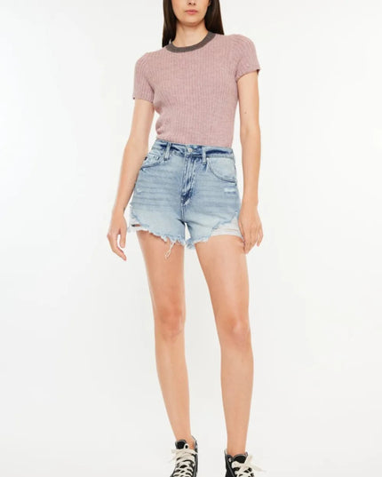 Kancan Distressed High Waist Denim Shorts with Pockets - THE AMERICAN BLUE