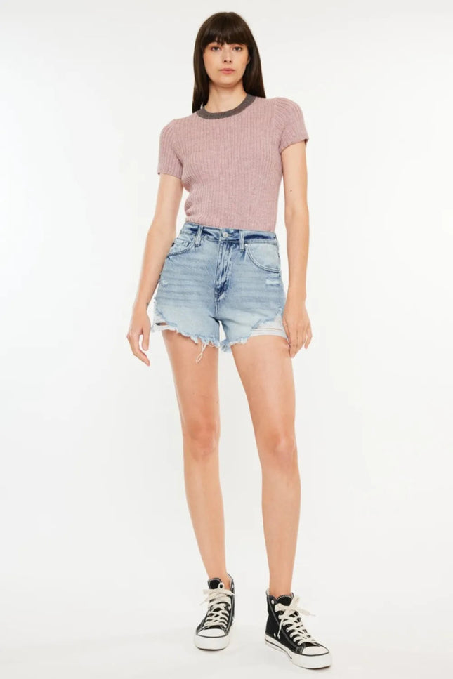 Kancan Distressed High Waist Denim Shorts with Pockets - THE AMERICAN BLUE