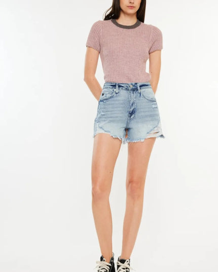 Kancan Distressed High Waist Denim Shorts with Pockets - THE AMERICAN BLUE