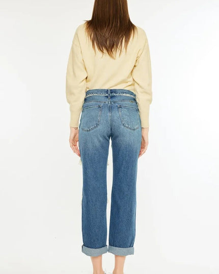 Kancan Distressed Mid Rise True Boyfriend Jeans - THE AMERICAN BLUE