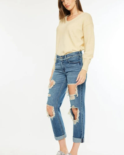 Kancan Distressed Mid Rise True Boyfriend Jeans - THE AMERICAN BLUE