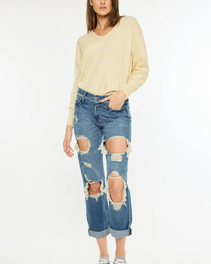Kancan Distressed Mid Rise True Boyfriend Jeans - THE AMERICAN BLUE
