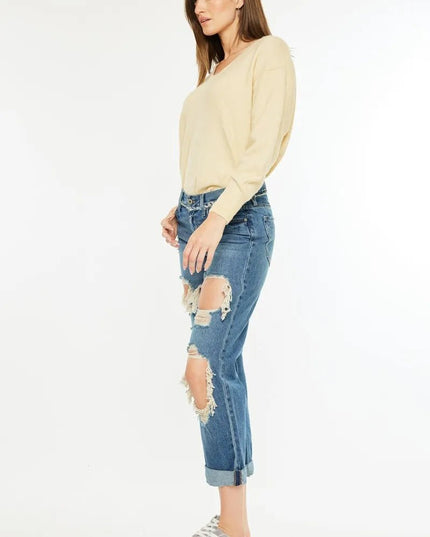 Kancan Distressed Mid Rise True Boyfriend Jeans - THE AMERICAN BLUE
