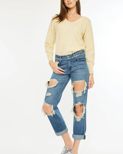 Kancan Distressed Mid Rise True Boyfriend Jeans - THE AMERICAN BLUE