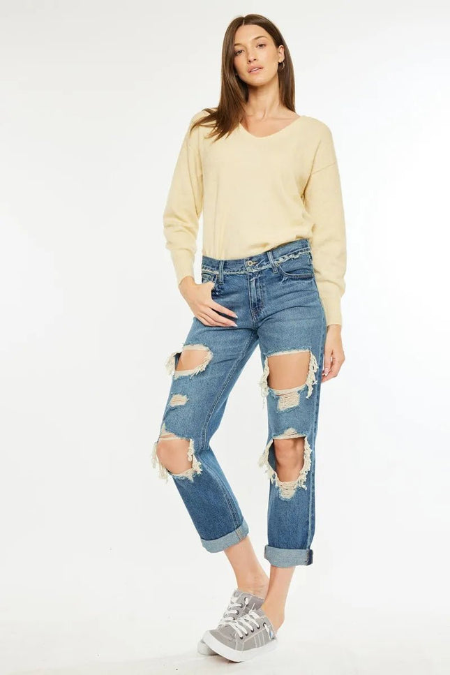 Kancan Distressed Mid Rise True Boyfriend Jeans - THE AMERICAN BLUE